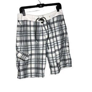4/$25 Nike Mens Swim Trunks White Black Size 30 Plaid Summer Beach Pool Pockets
